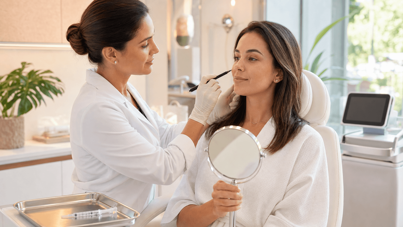 Mulher em consultório estético, close no rosto, médico com luvas aplicando seringa, luz branca e fundo clean.