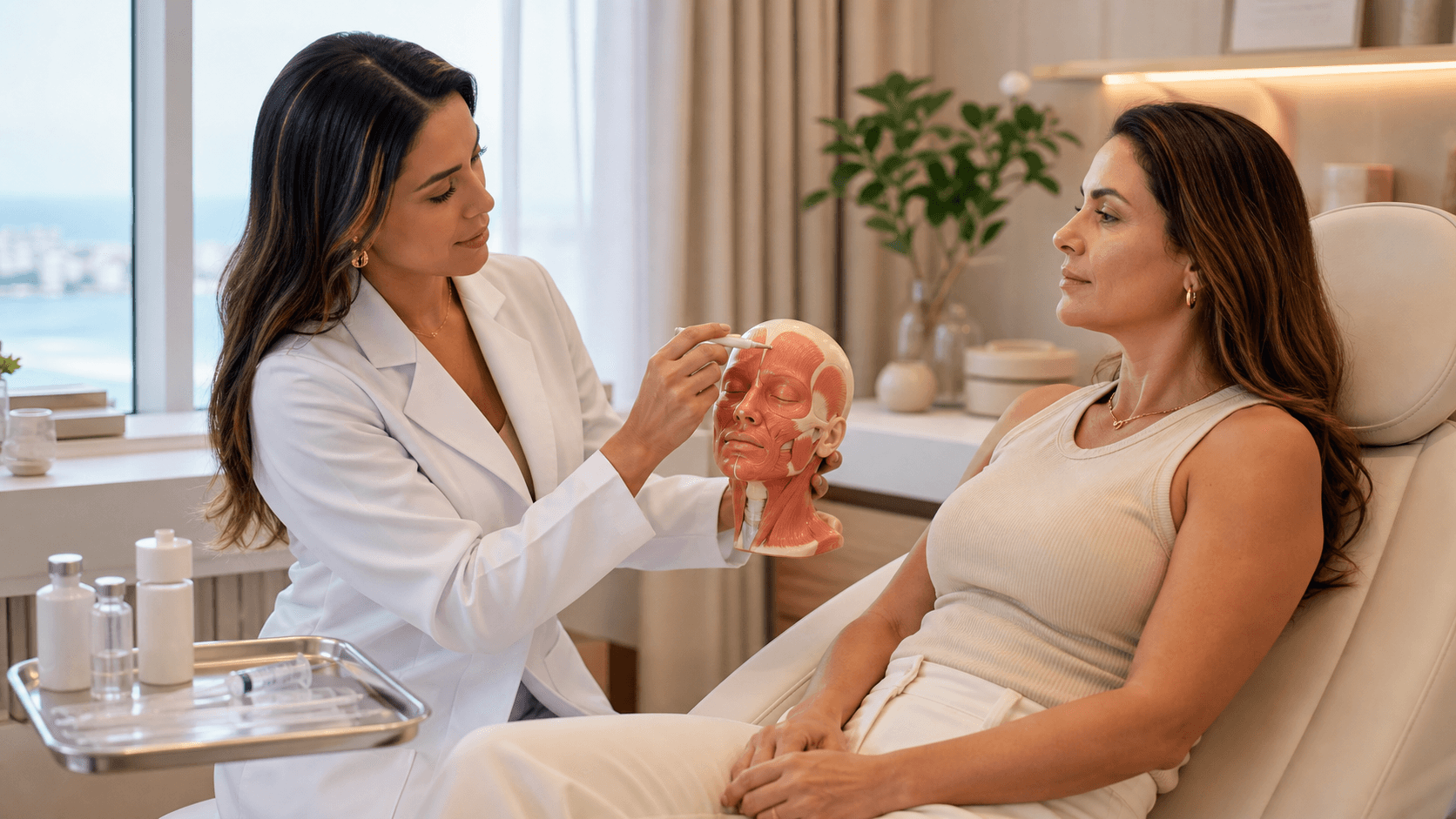Médica de jaleco branco aplica injeção facial em paciente, em clínica clara com detalhes em azul.